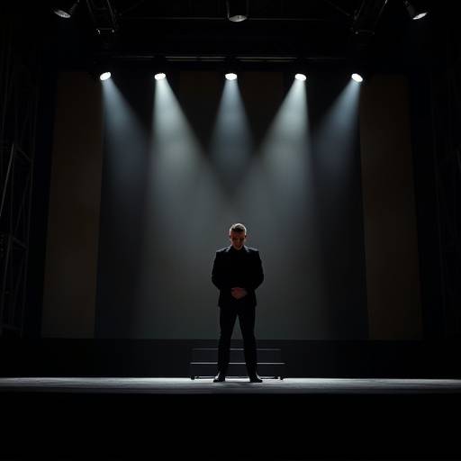 Bühnenbild einer modernen Interpretation von 'Hamlet' mit einem Schauspieler im schwarzen Anzug.