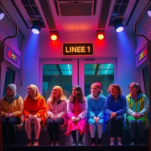 Eine farbenfrohe Szene aus der Musical-Aufführung 'Linie 1' mit einer Gruppe von Studenten, die in U-Bahn-Kostümen gekleidet sind.