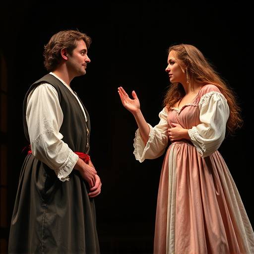 Szene aus der Aufführung 'Romeo und Julia' mit zwei Schauspielern in historischen Kostümen.